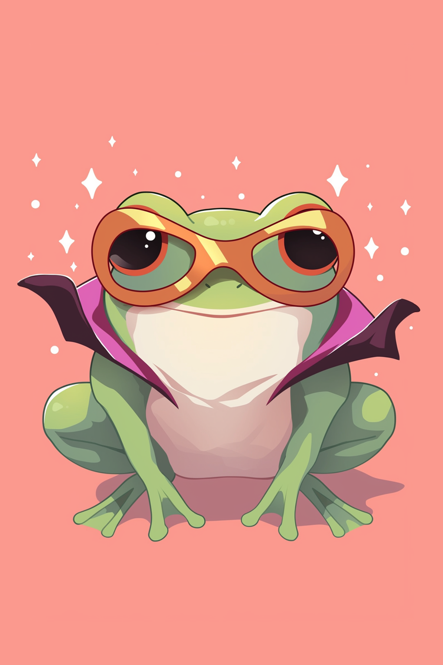 halloween frog drawing ideas 2 featuring a frog in a vibrant mask and cape against a pink background with sparkling stars.